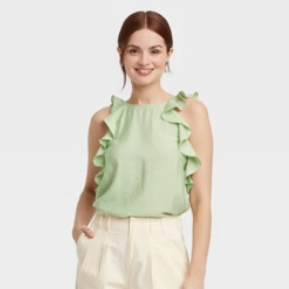 A New Day Womens NWOT Ruffle Tank Top Green Size XS